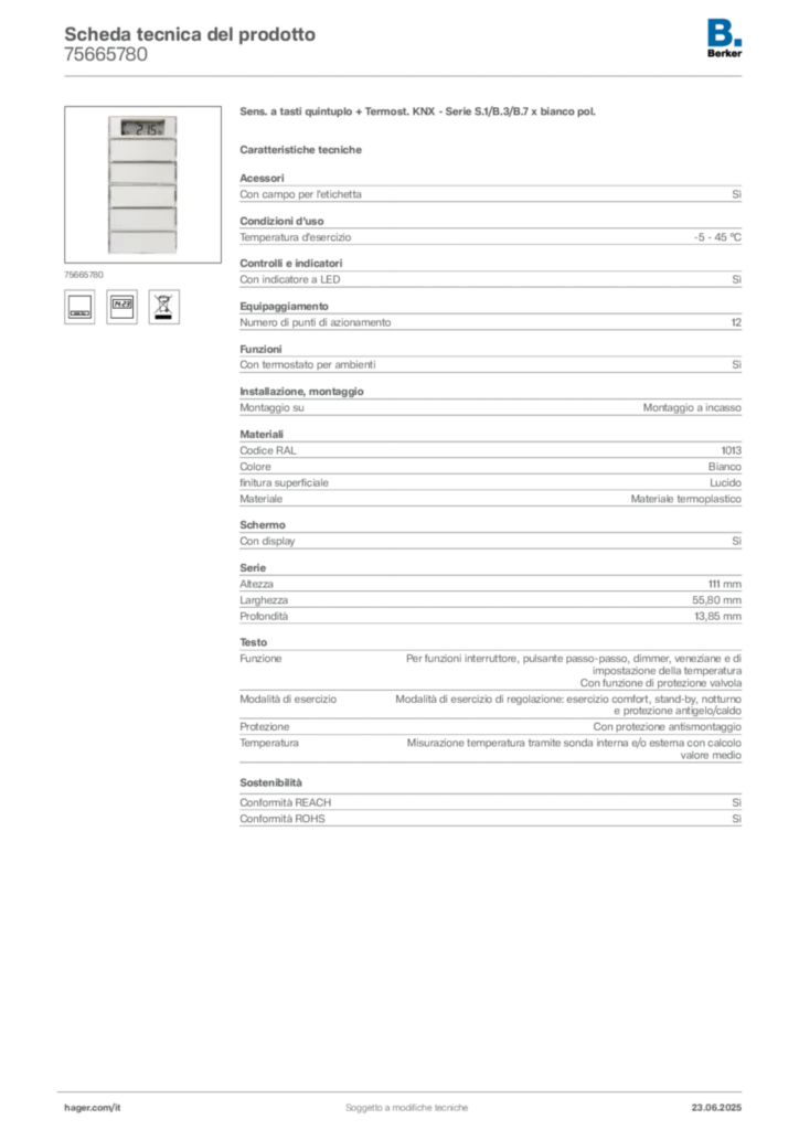 Immagine Berker Scheda tecnica del prodotto 75665780 | Hager Italia