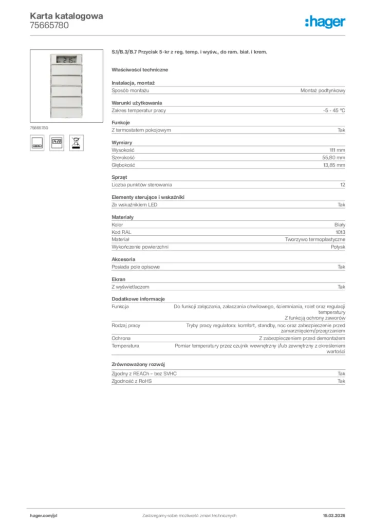 Zdjęcie Hager Karta katalogowa 75665780 | Hager Polska