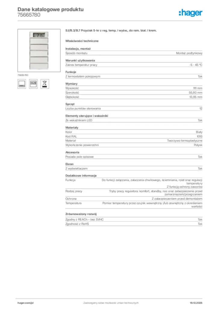 Zdjęcie Hager Karta katalogowa 75665780 | Hager Polska