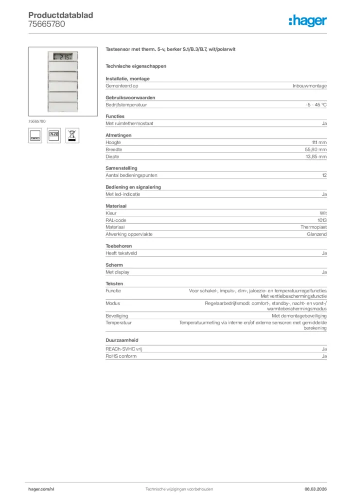 Afbeelding Hager Productdatablad 75665780 | Hager Nederland