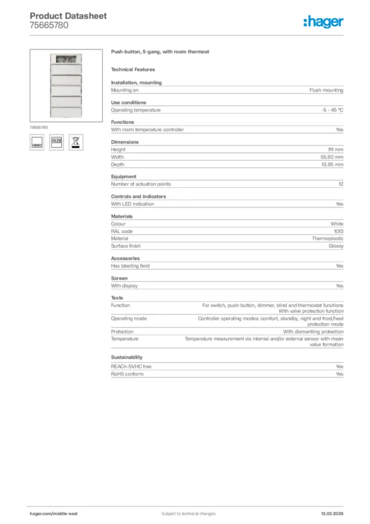 Image Hager Product data sheet 75665780  | Hager