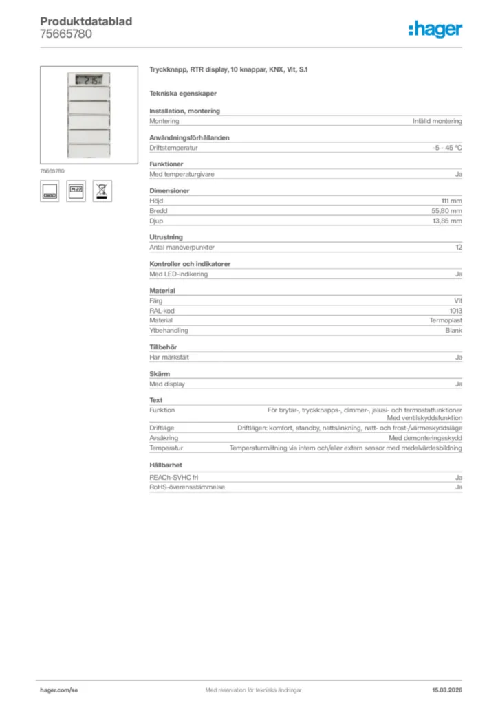 Bild Hager Produktdatablad 75665780 | Hager Sverige