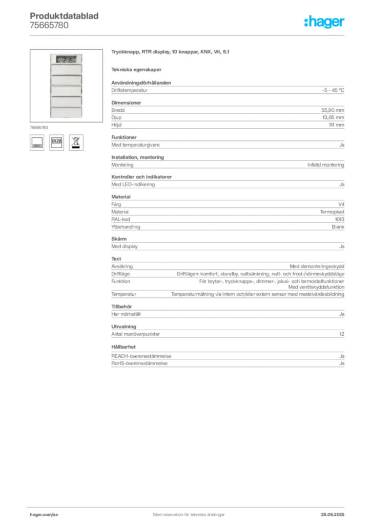 Bild Hager Produktdatablad 75665780 | Hager Sverige