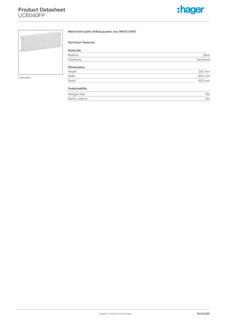 Image Hager Product data sheet UC6040FP  | Hager Africa