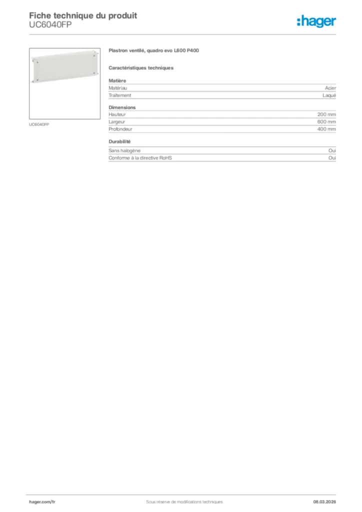 Image Hager Fiche technique du produit UC6040FP | Hager France