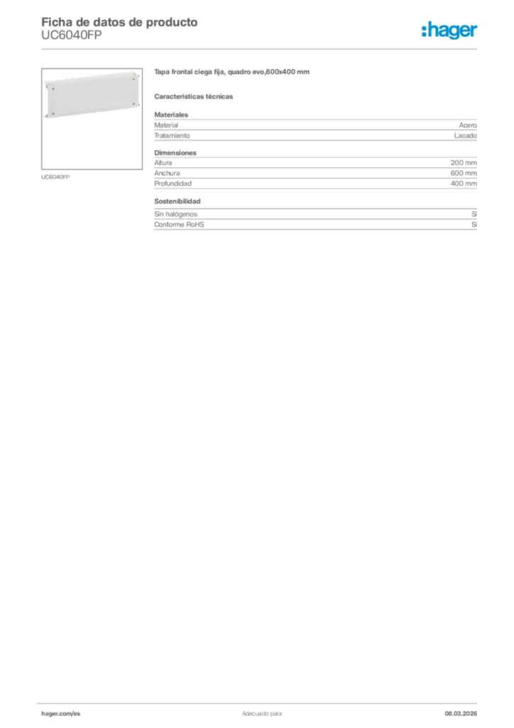 Imagen Hager Ficha de datos de producto UC6040FP | Hager España