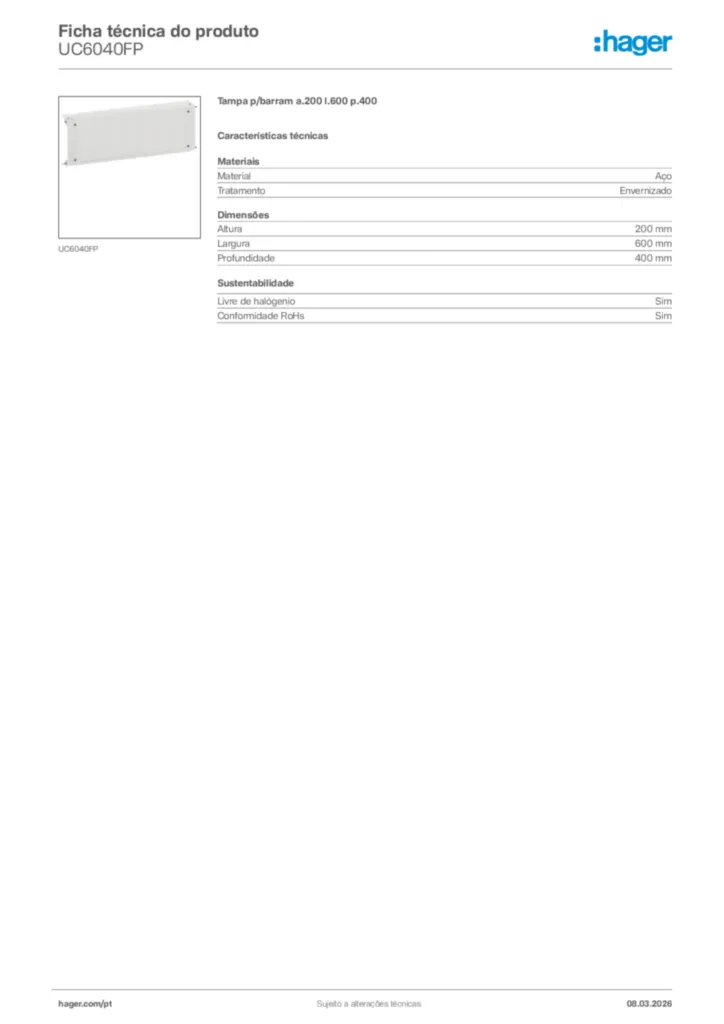 Imagem Hager Ficha técnica do produto UC6040FP | Hager Portugal