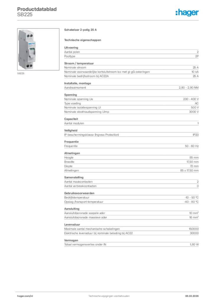 Afbeelding Hager Productdatablad SB225 | Hager Nederland