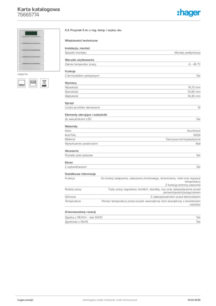 Zdjęcie Hager Karta katalogowa 75665774 | Hager Polska