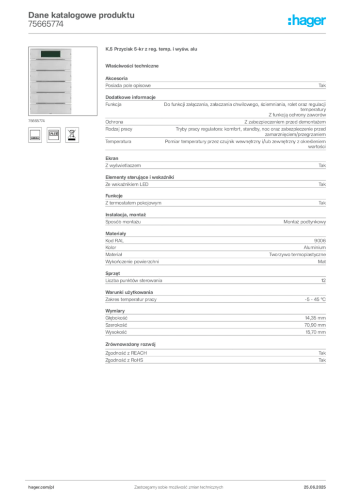Zdjęcie Hager Karta katalogowa 75665774 | Hager Polska
