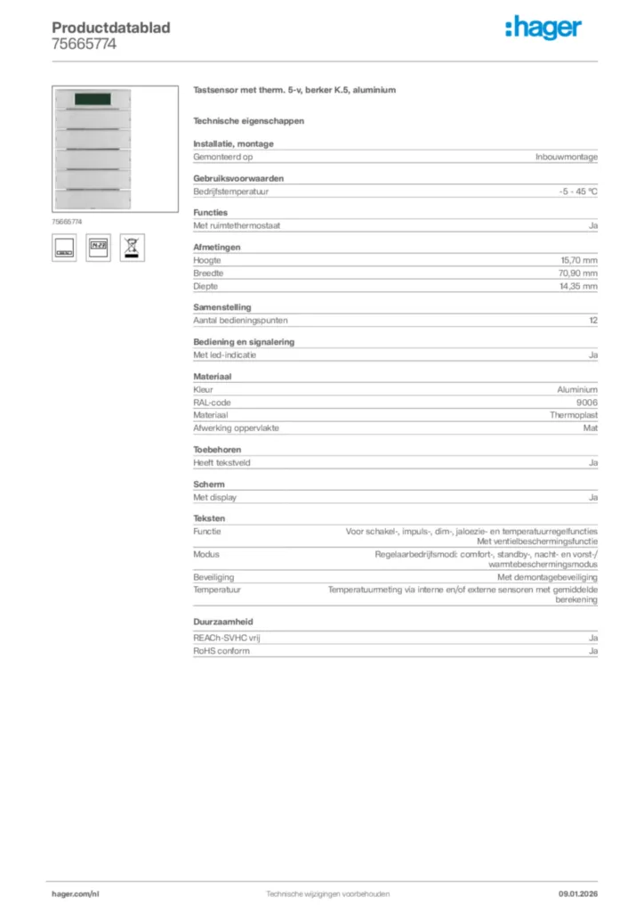 Afbeelding Hager Productdatablad 75665774 | Hager Nederland