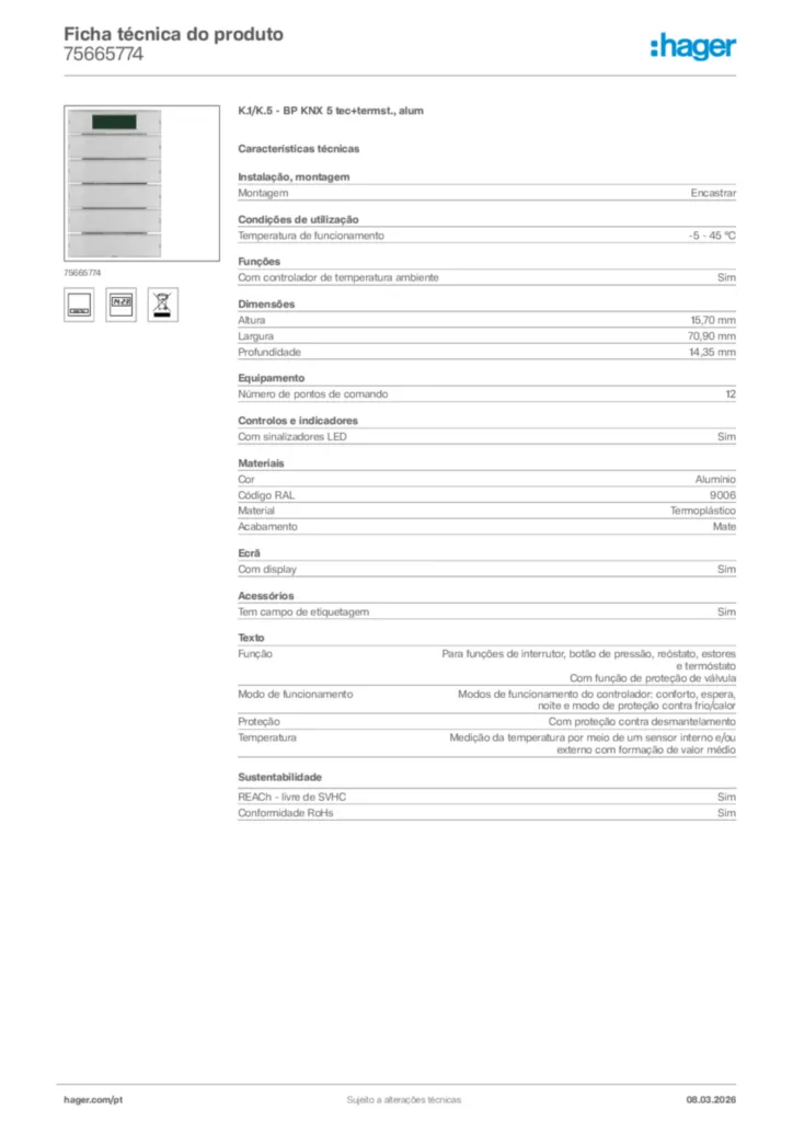 Imagem Hager Ficha técnica do produto 75665774 | Hager Portugal