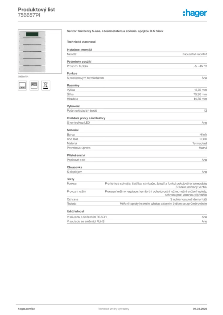 Obrázek Hager Product data sheet 75665774 | Hager