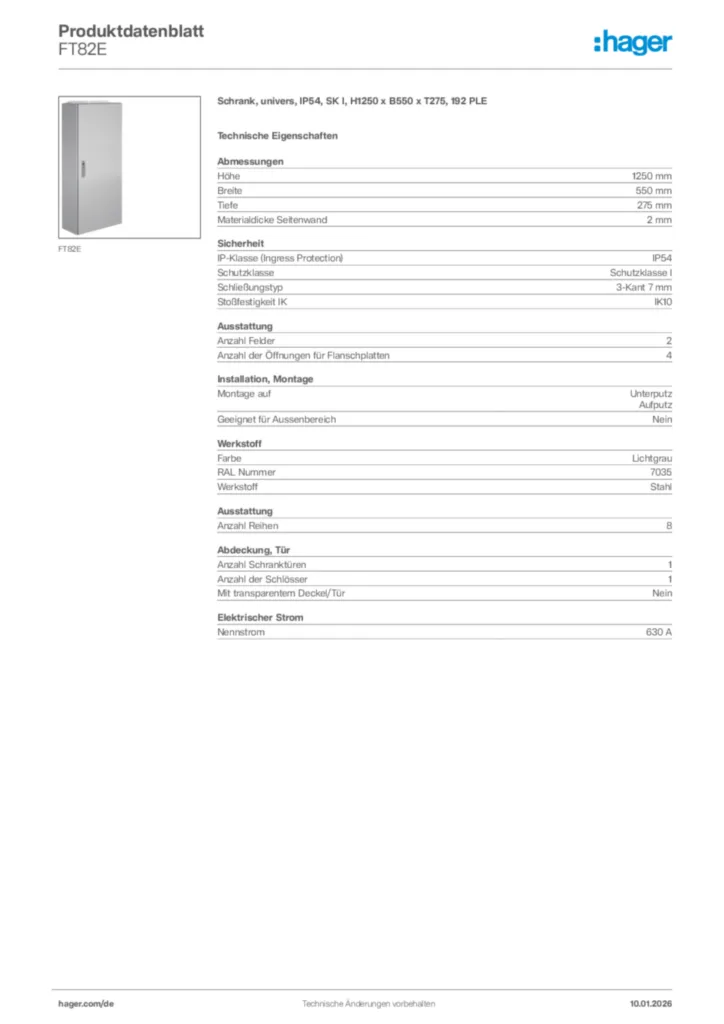 Bild Hager Produktdatenblatt FT82E | Hager Deutschland