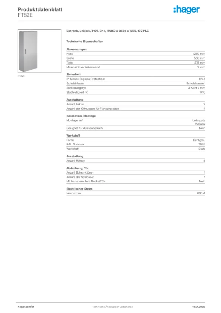 Bild Hager Produktdatenblatt FT82E | Hager Deutschland