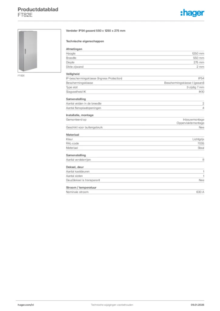 Afbeelding Hager Productdatablad FT82E | Hager Nederland