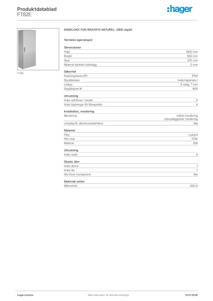 Bild Hager Produktdatablad FT82E | Hager Sverige