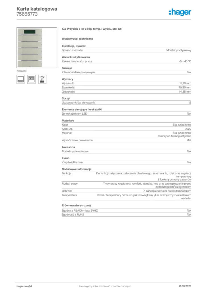 Zdjęcie Hager Karta katalogowa 75665773 | Hager Polska