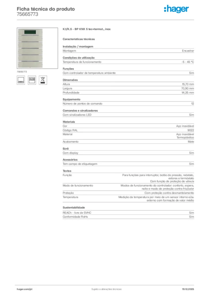 Imagem Hager Ficha técnica do produto 75665773 | Hager Portugal