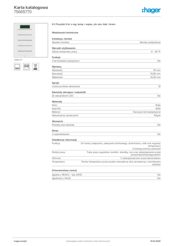 Zdjęcie Hager Karta katalogowa 75665770 | Hager Polska
