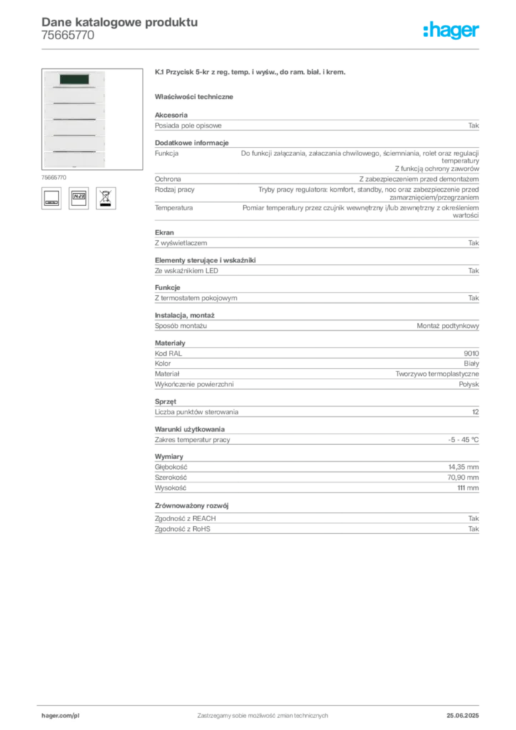 Zdjęcie Hager Karta katalogowa 75665770 | Hager Polska