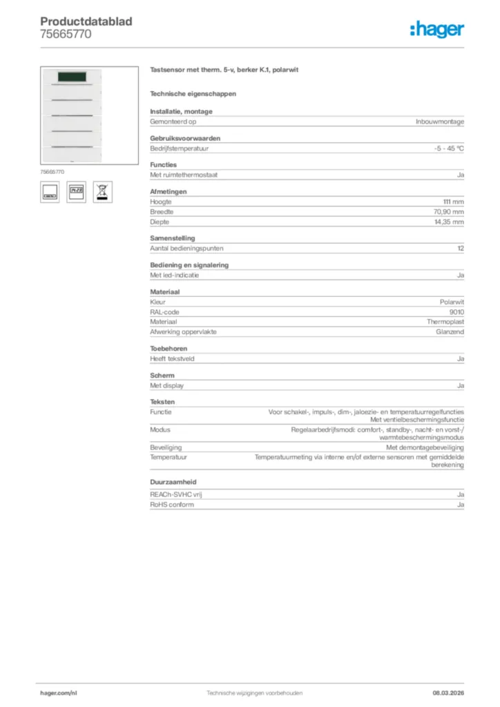 Afbeelding Hager Productdatablad 75665770 | Hager Nederland