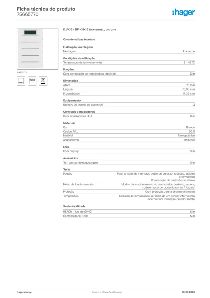 Imagem Hager Ficha técnica do produto 75665770 | Hager Portugal