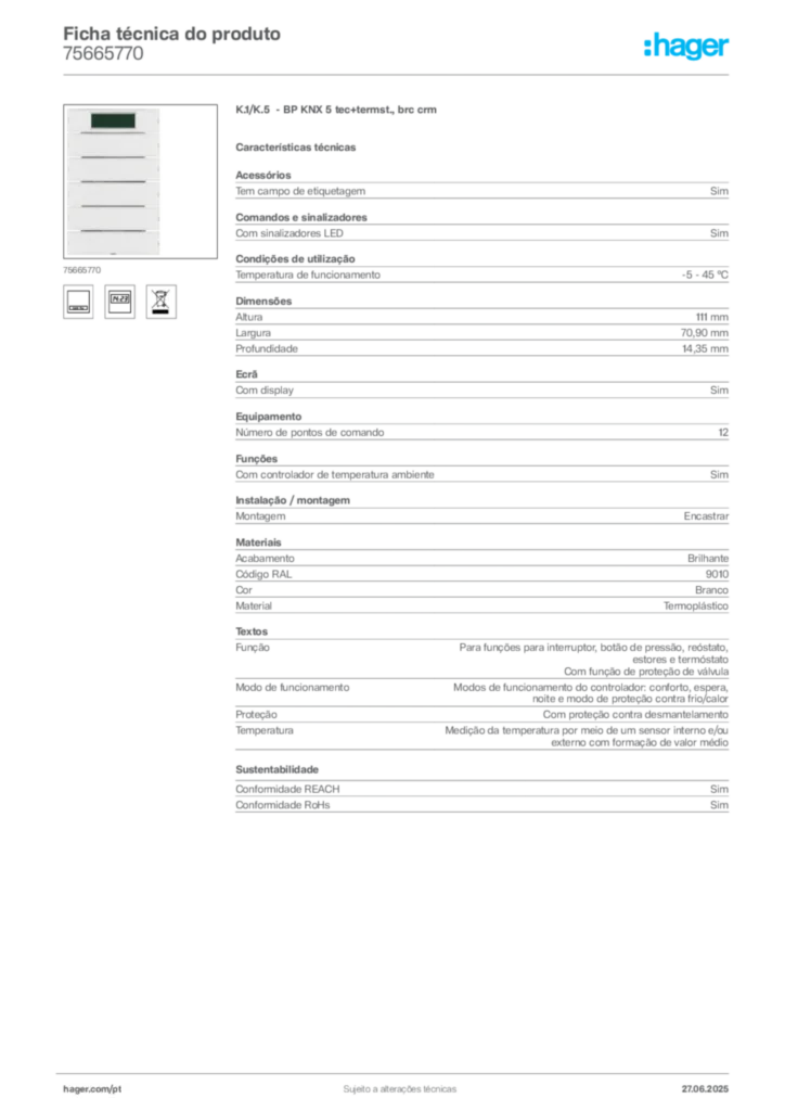 Imagem Hager Ficha técnica do produto 75665770 | Hager Portugal
