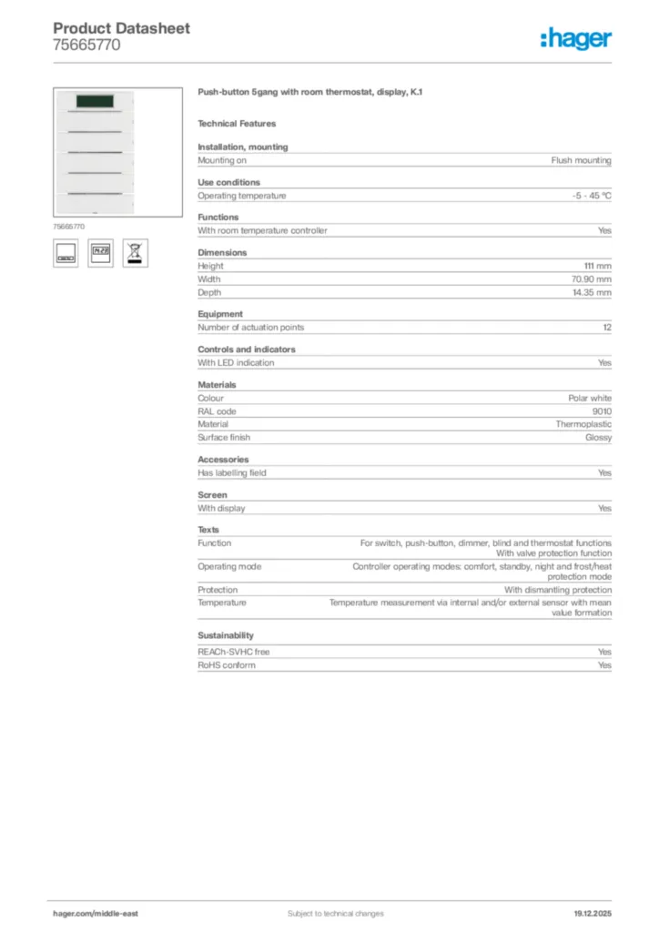 Image Hager Product data sheet 75665770  | Hager