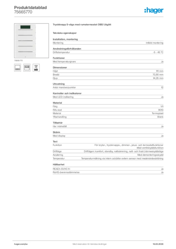 Bild Hager Produktdatablad 75665770 | Hager Sverige