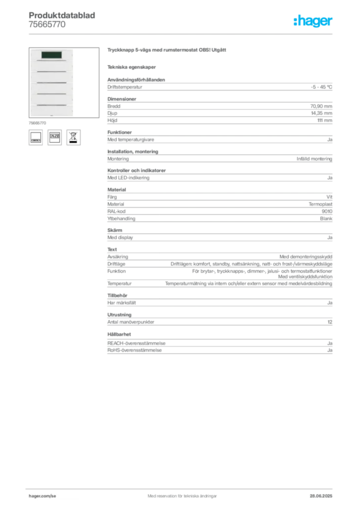 Bild Hager Produktdatablad 75665770 | Hager Sverige