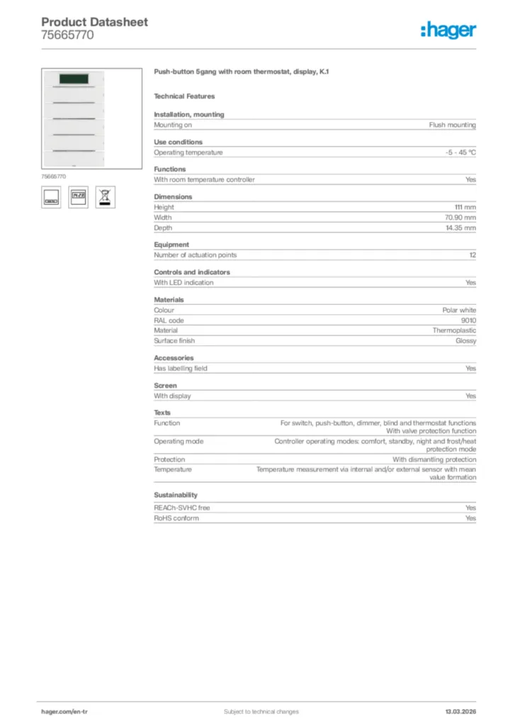 Image Hager Product data sheet 75665770  | Hager