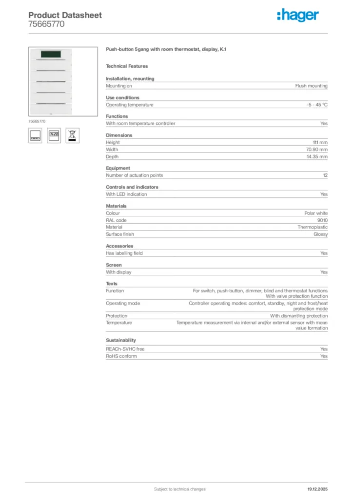 Image Hager Product data sheet 75665770  | Hager