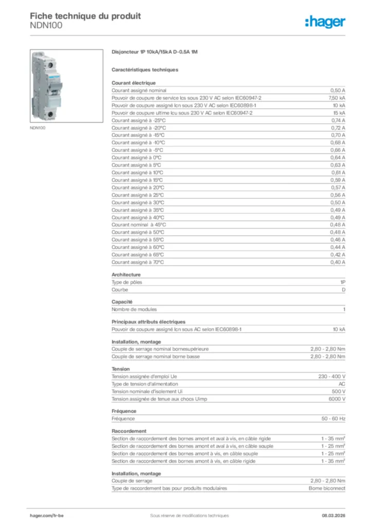 Image Hager Fiche technique du produit NDN100 | Hager Belgique
