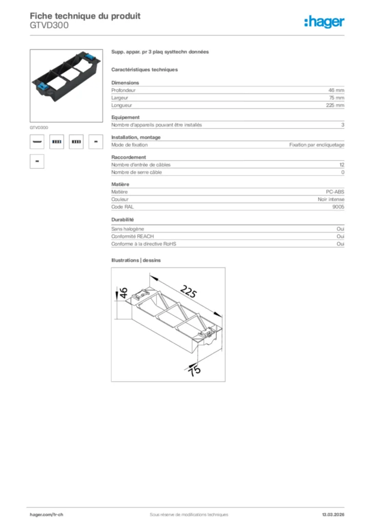 Image Hager Fiche technique du produit GTVD300 | Hager Suisse