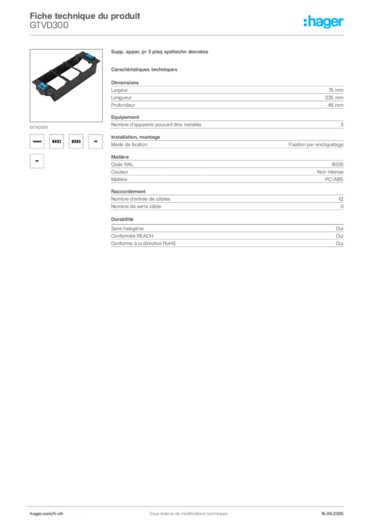 Image Hager Fiche technique du produit GTVD300 | Hager Suisse