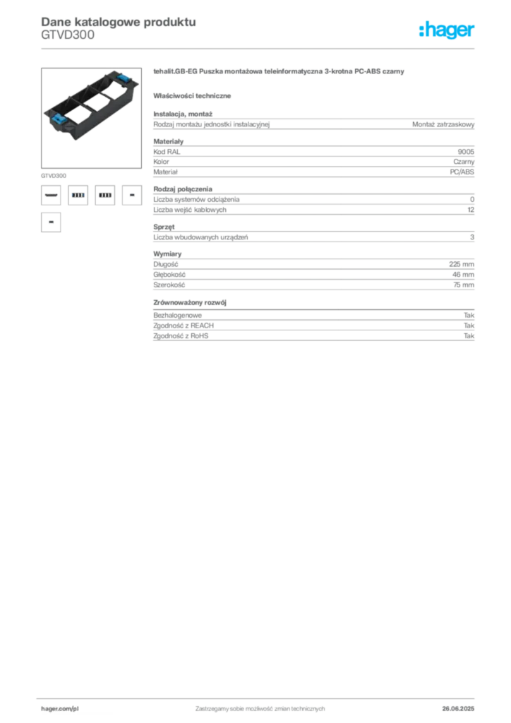 Zdjęcie Hager Karta katalogowa GTVD300 | Hager Polska