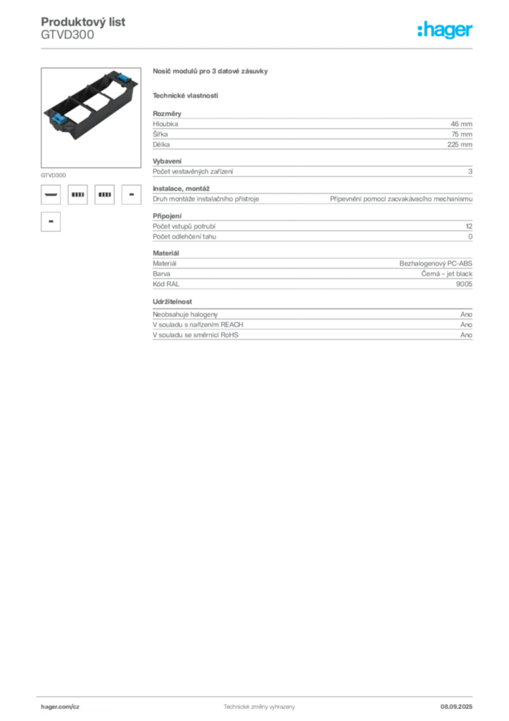 Obrázek Hager Produktový list GTVD300 | Hager