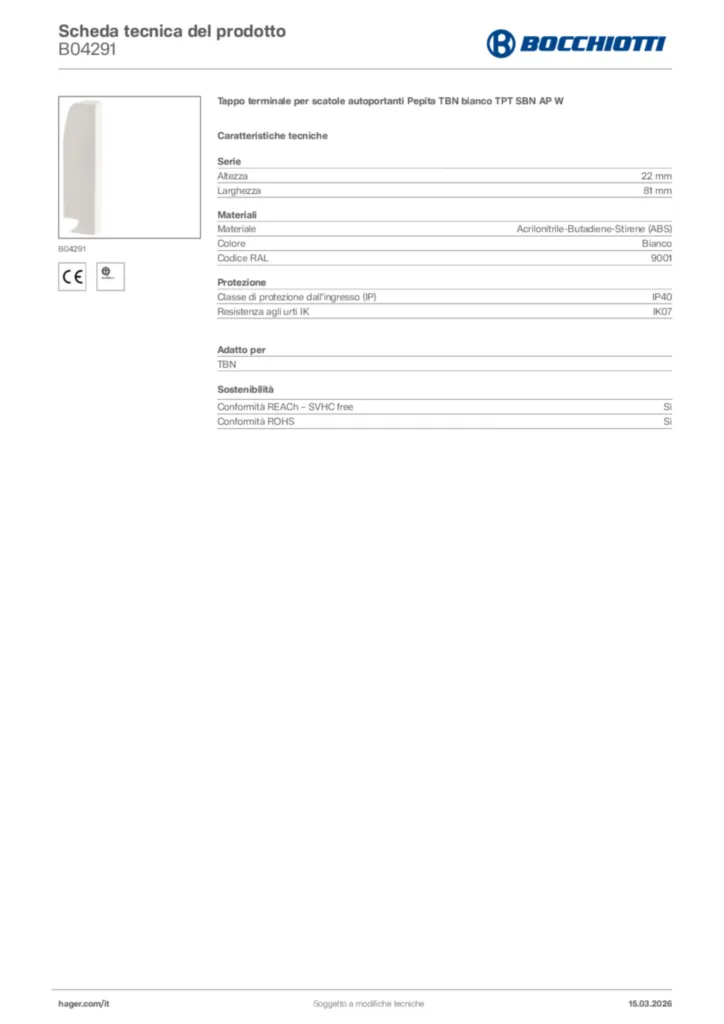 Immagine Bocchiotti Scheda tecnica del prodotto B04291 | Hager Italia