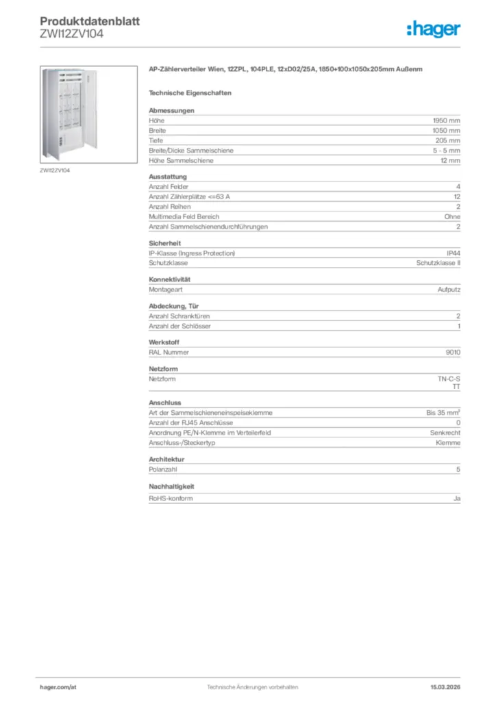 Bild Hager Produktdatenblatt ZWI12ZV104 | Hager Deutschland