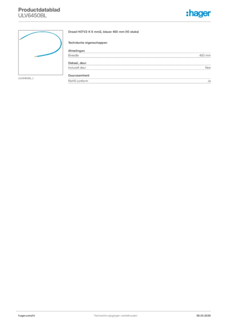 Afbeelding Hager Productdatablad ULV6450BL | Hager Nederland