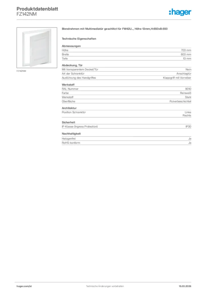 Bild Hager Produktdatenblatt FZ142NM | Hager Deutschland