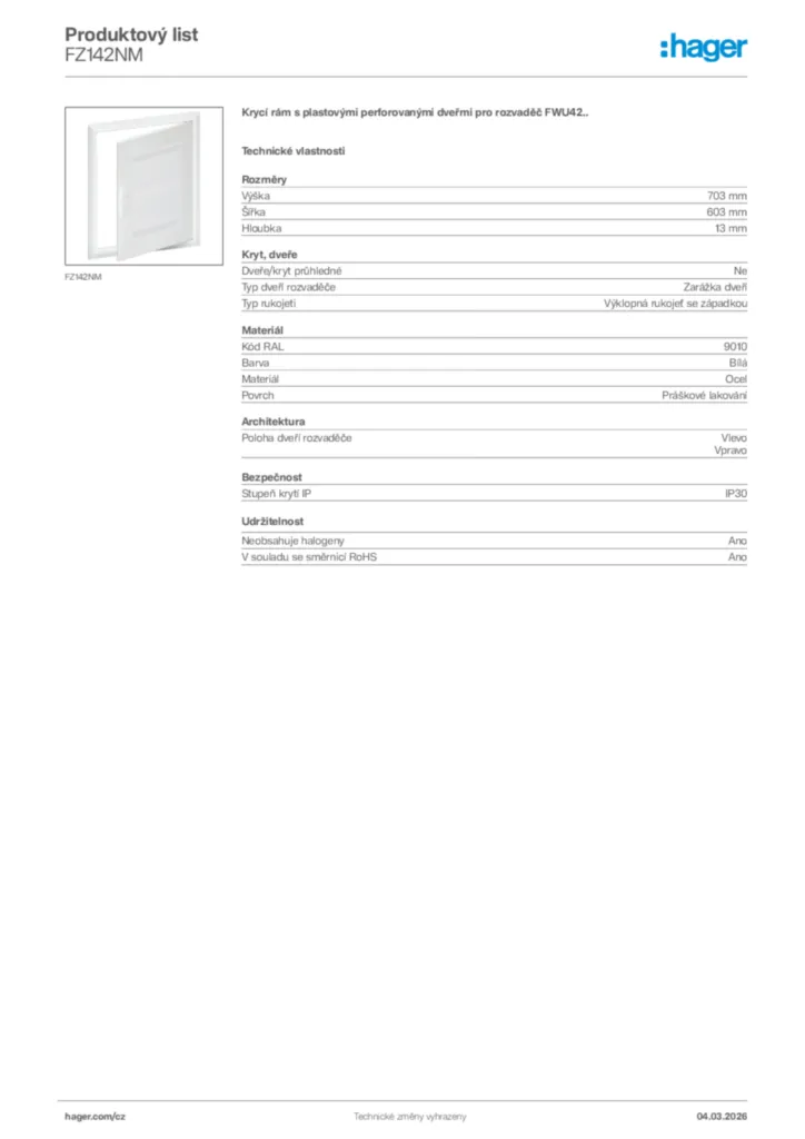 Obrázek Hager Product data sheet FZ142NM | Hager