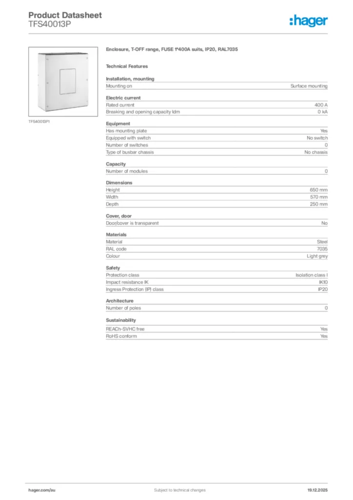 Image Hager Product data sheet TFS40013P  | Hager Australia