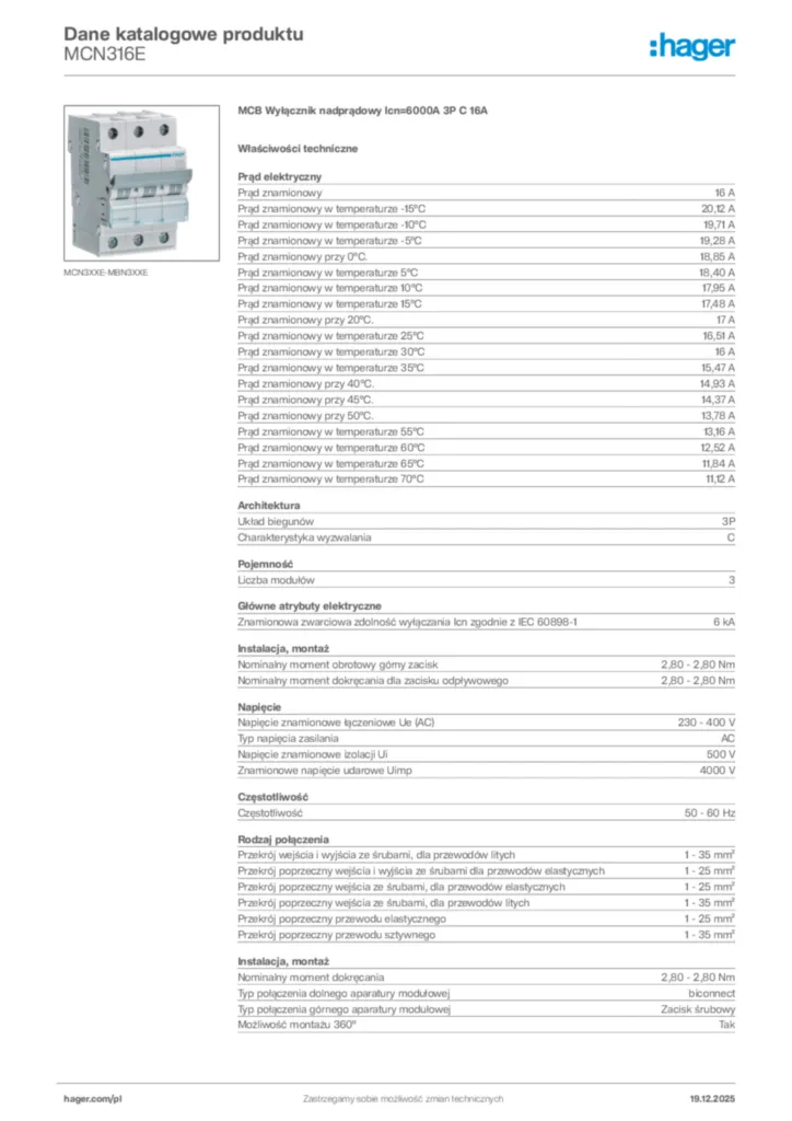 Zdjęcie Hager Karta katalogowa MCN316E | Hager Polska