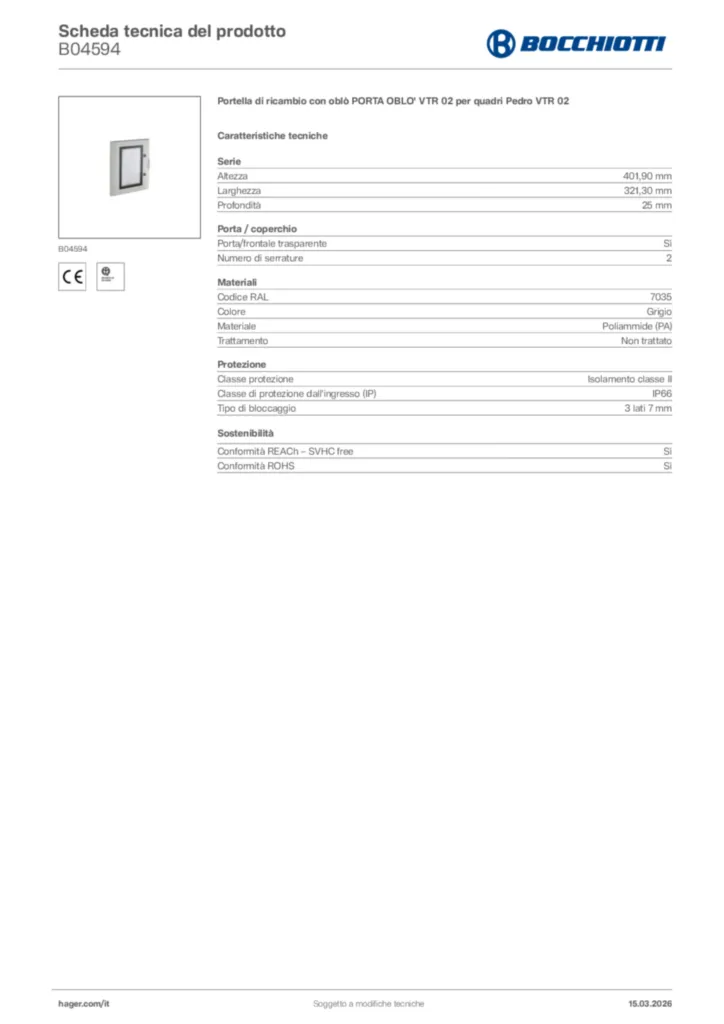 Immagine Bocchiotti Scheda tecnica del prodotto B04594 | Hager Italia