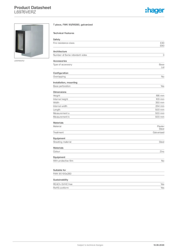 Image Hager Product data sheet L6976VERZ  | Hager Africa