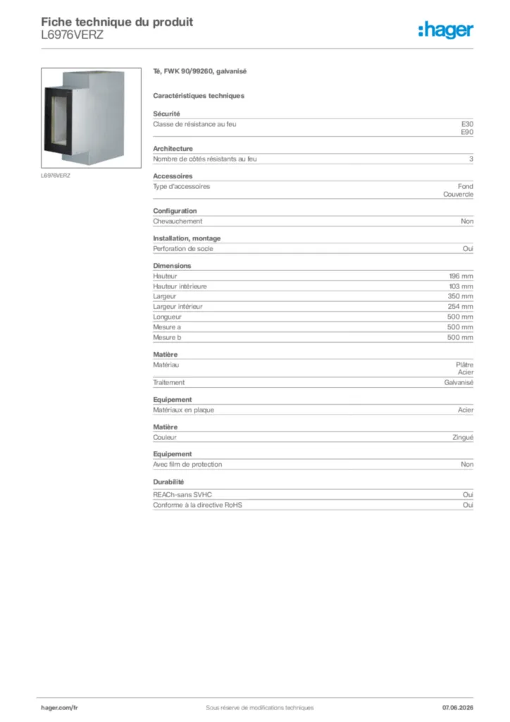 Image Hager Fiche technique du produit L6976VERZ | Hager France