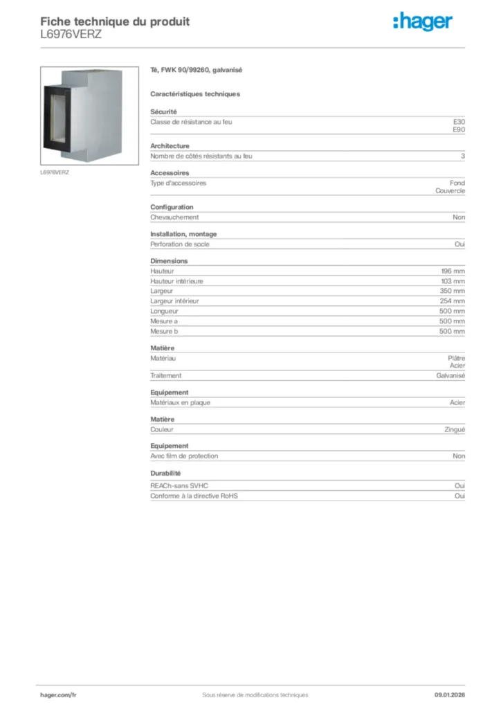 Image Hager Fiche technique du produit L6976VERZ | Hager France
