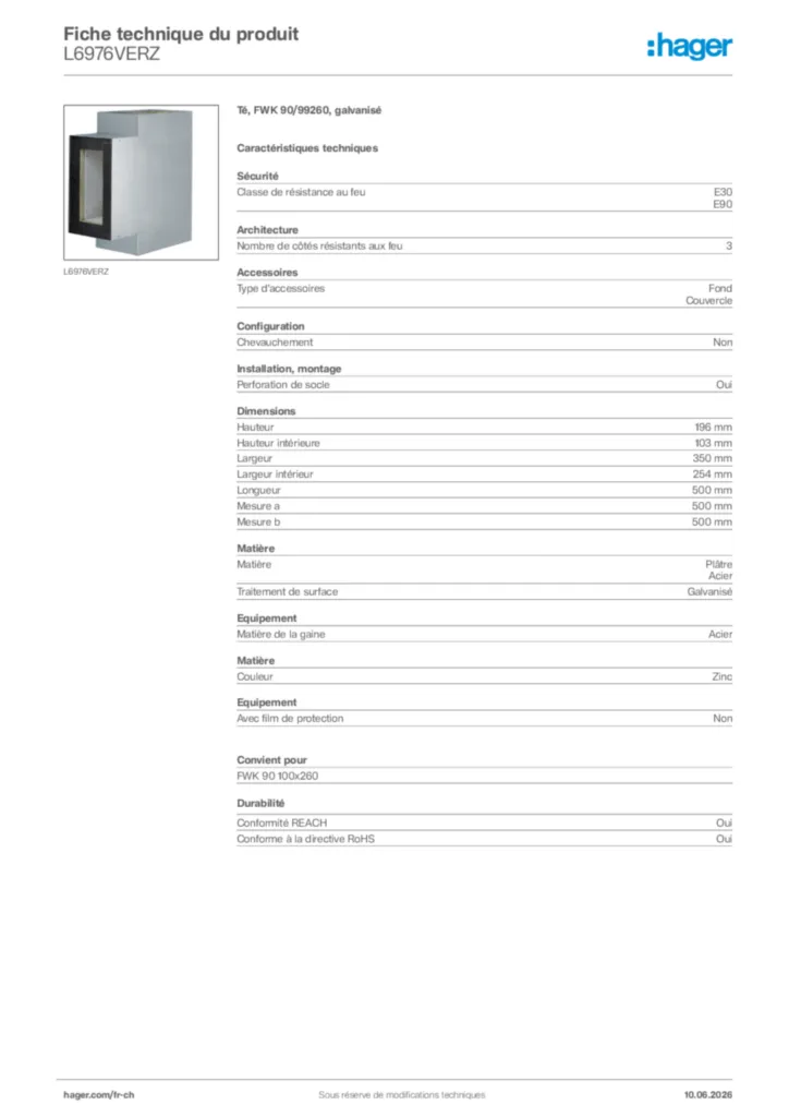 Image Hager Fiche technique du produit L6976VERZ | Hager Suisse